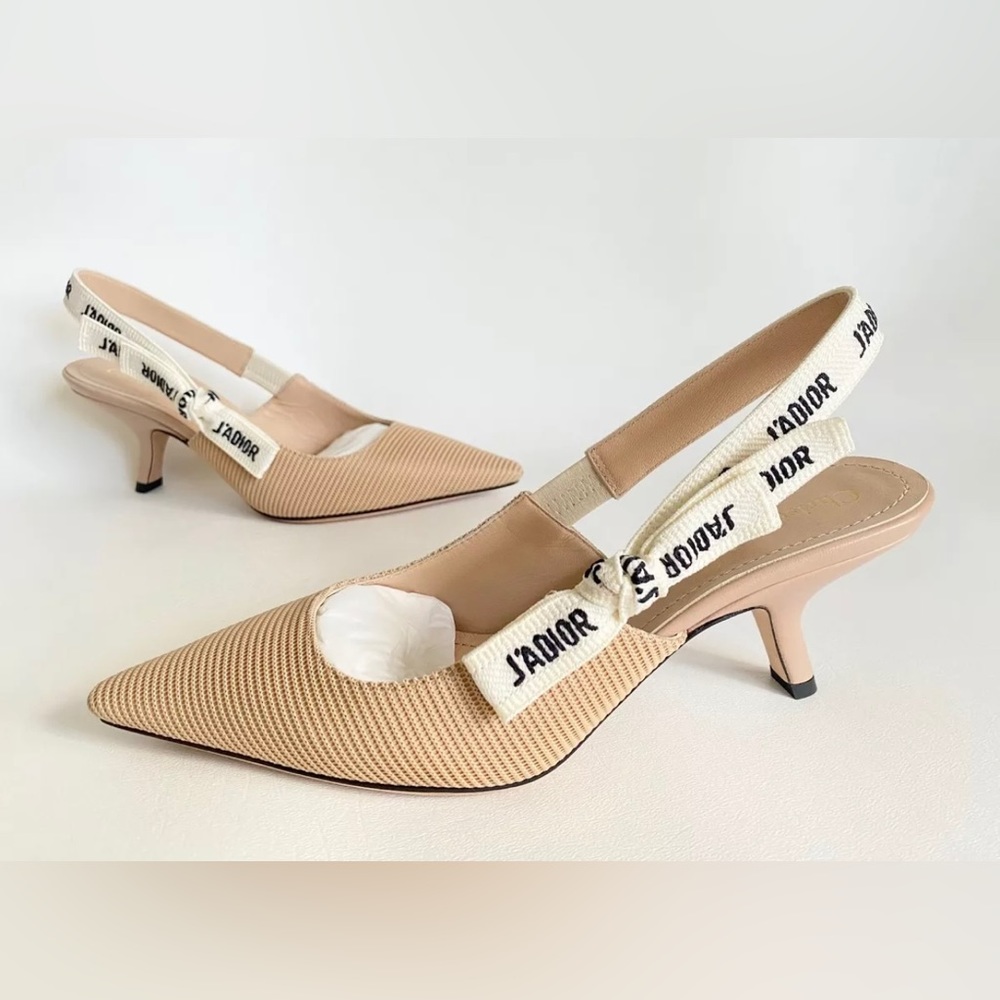 CHRISTIAN DIOR J'ADIOR FABRIC & RIBBON BEIGE KITTEN HEEL SHOES SLINGBACKS